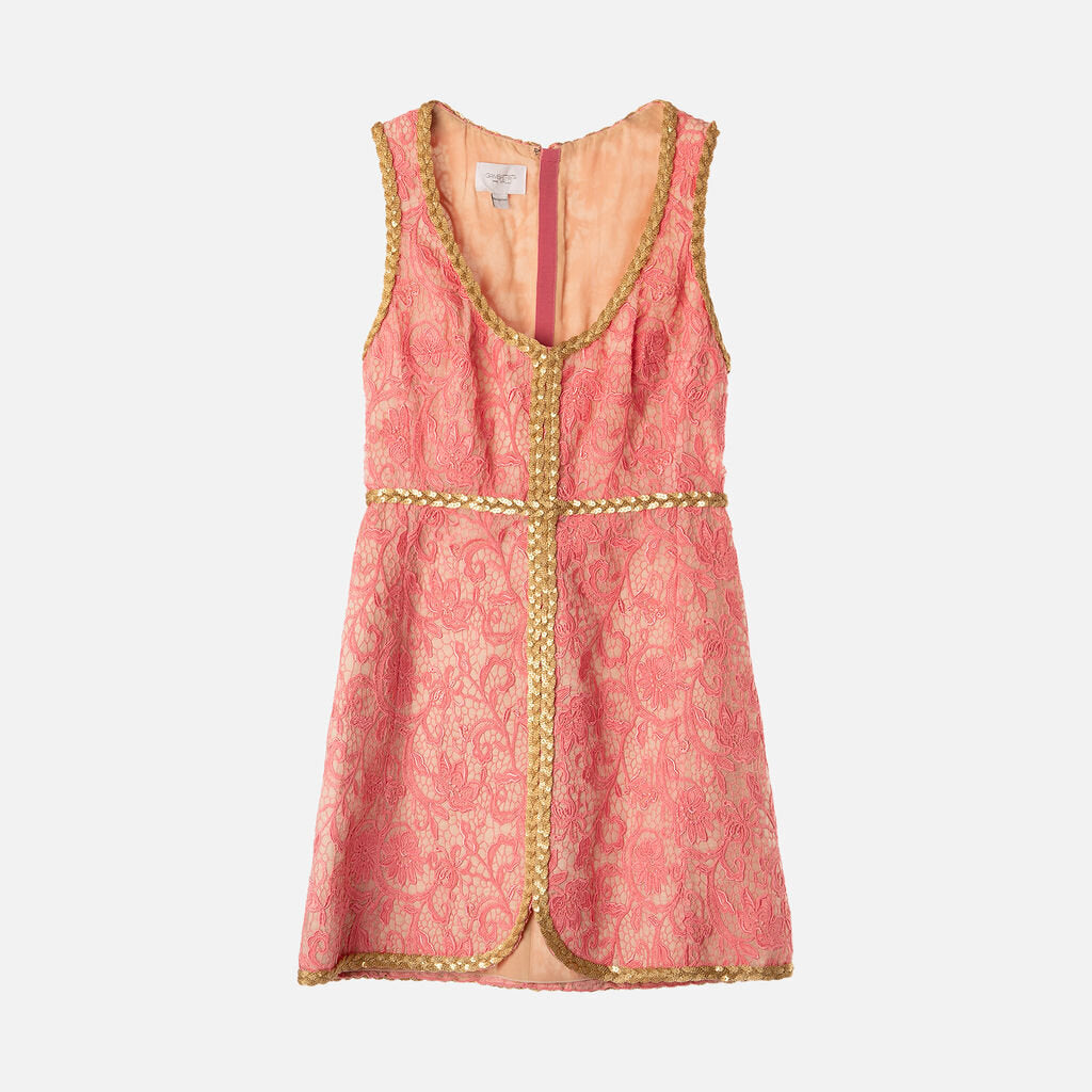 Giambattista Valli Pink Lace Mini Dress w/Gold Braiding Trim