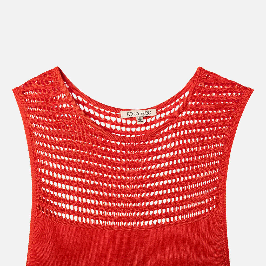 Ronny Kobo Orange Red Perforated Rayon & Nylon Dress