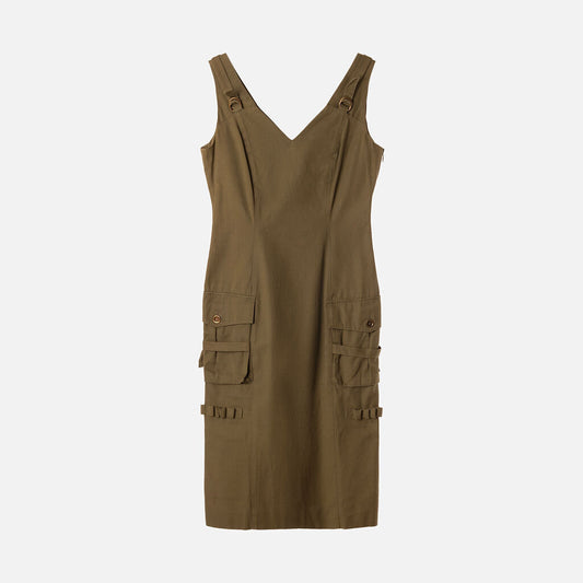 John Galliano Green Cotton V-Neck Midi Dress (2003)