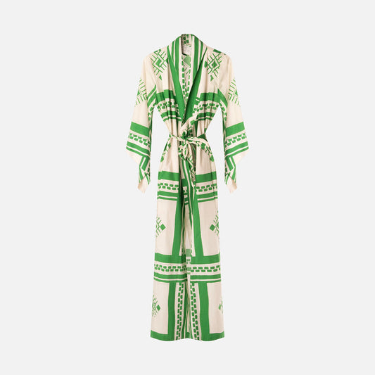 Johanna Ortiz Green Print Cotton Blend Cover Up/Dress