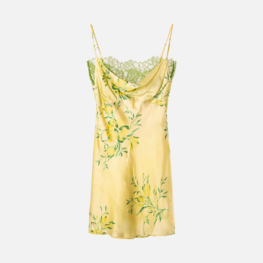 De La Vali Yellow & Green Silk Blend Lace Dress