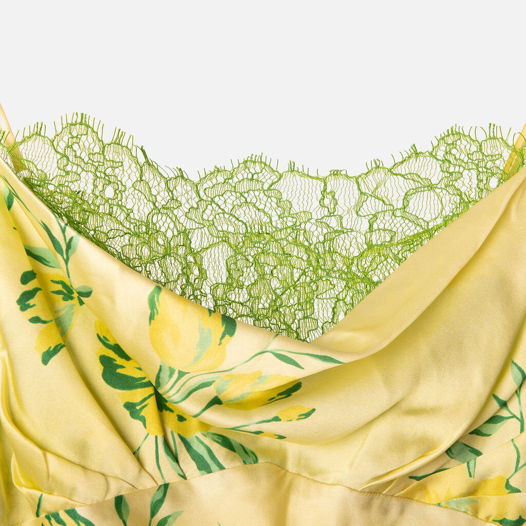 De La Vali Yellow & Green Silk Blend Lace Dress
