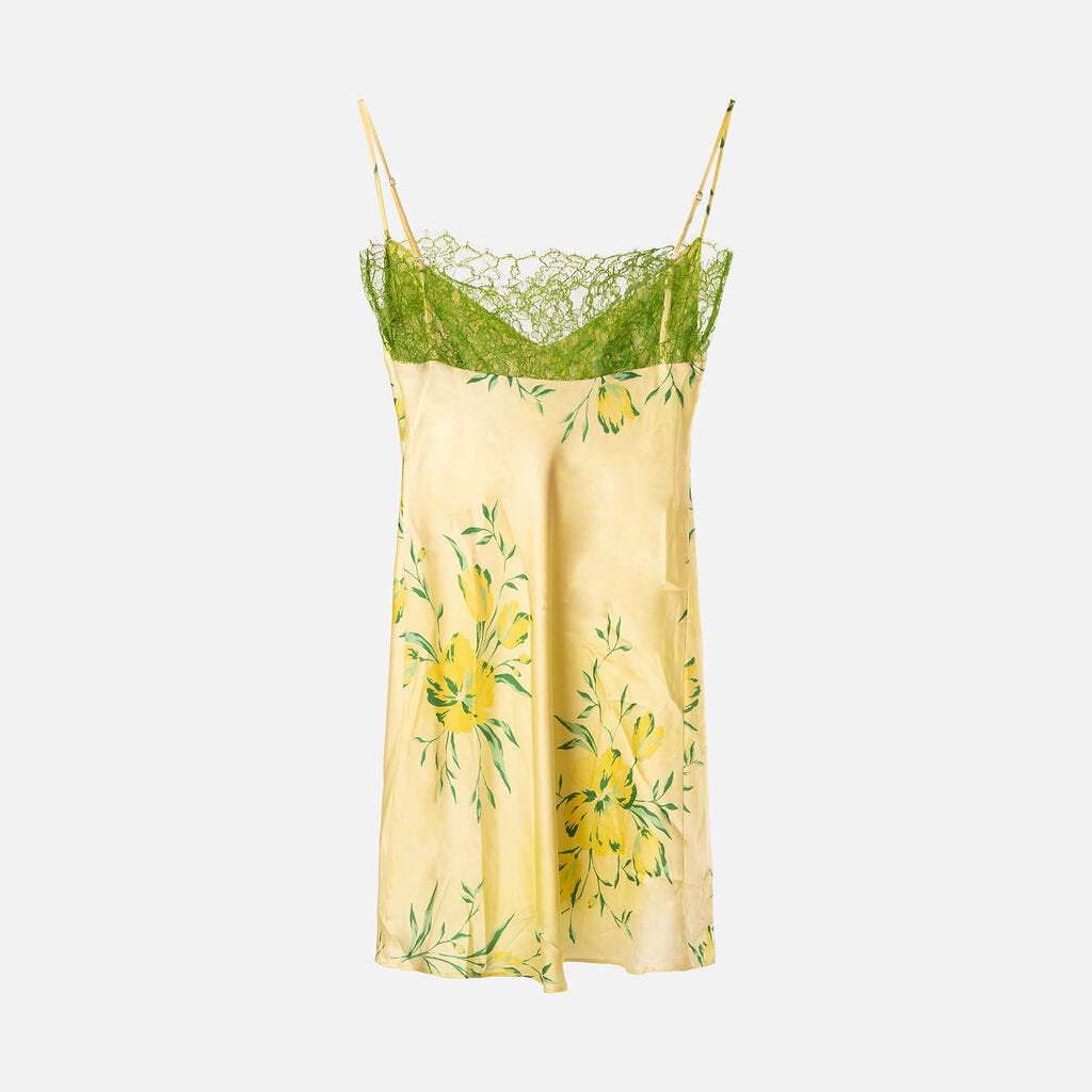 De La Vali Yellow & Green Silk Blend Lace Dress