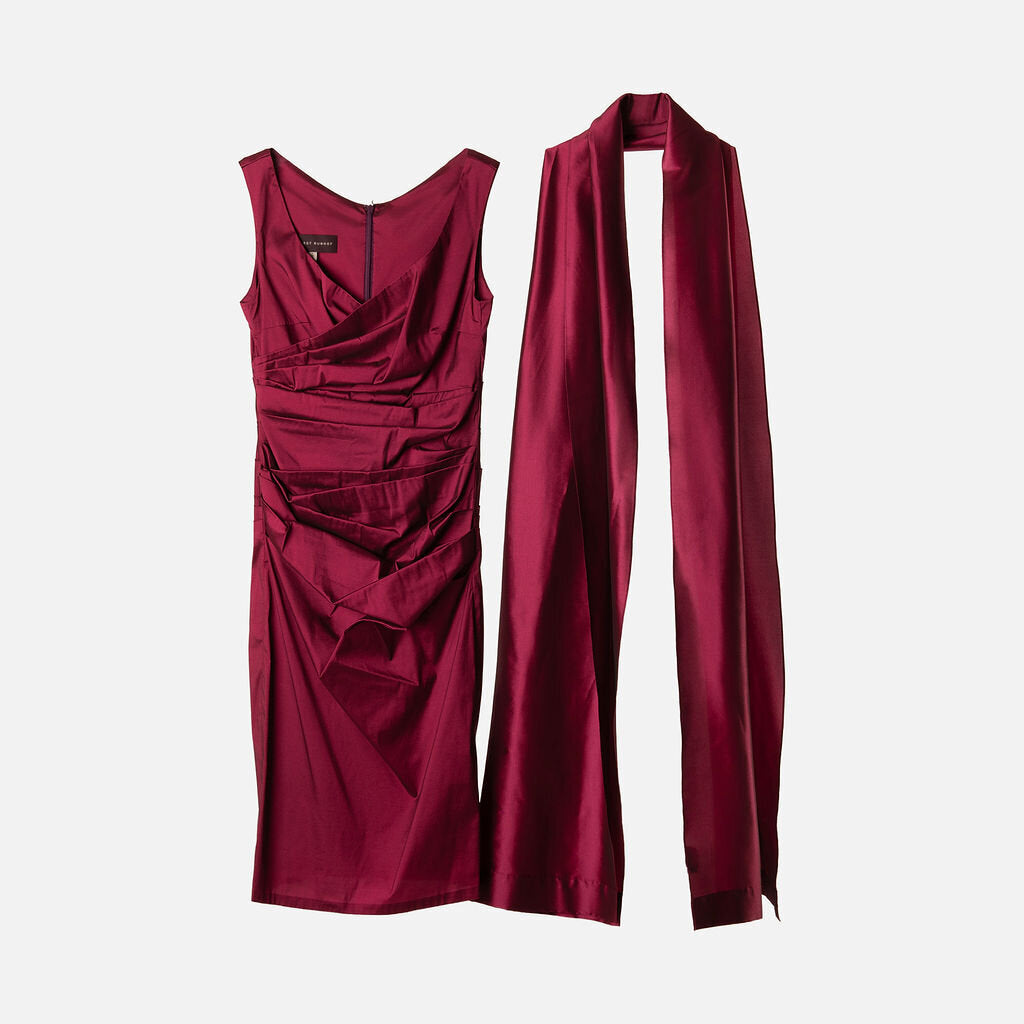 Talbot Runhof Red Silk Blend Ruched Midi Dress & Scarf