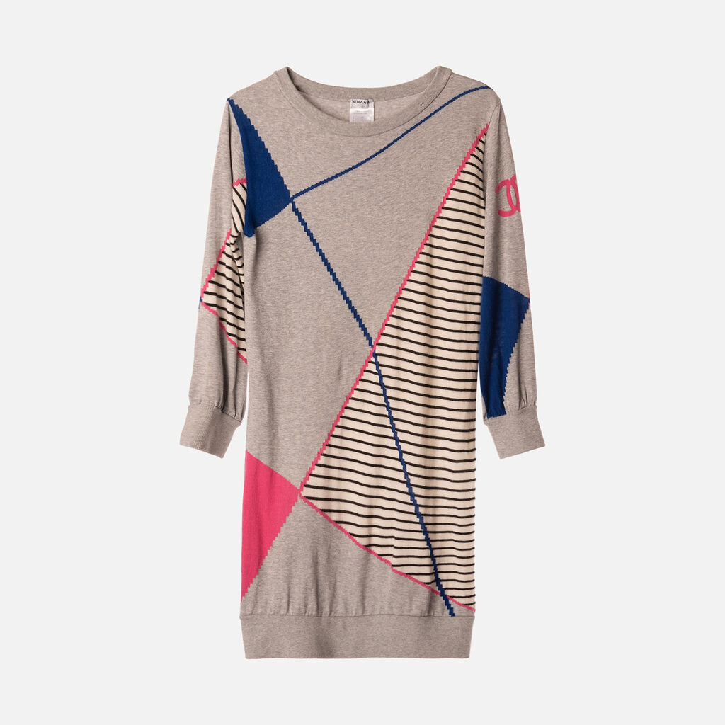 Chanel 08P Gray Cotton & Cashmere Colorblock Striped Sweater Dress