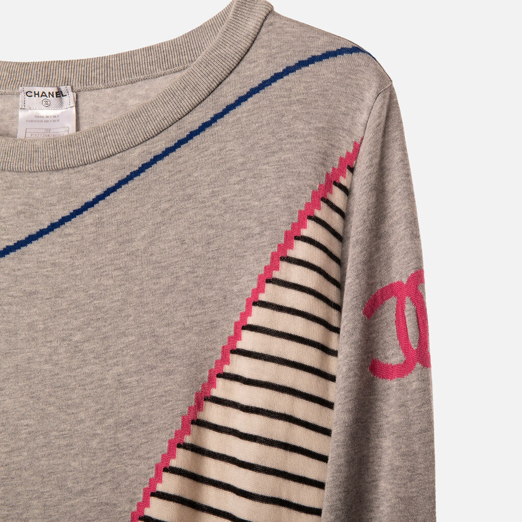 Chanel 08P Gray Cotton & Cashmere Colorblock Striped Sweater Dress