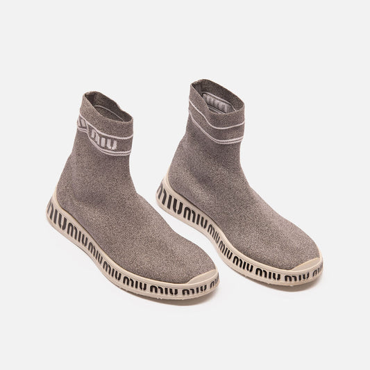 Miu Miu Grey Silver Sock Slip On Sneaker