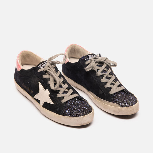 Golden Goose Navy Suede Glitter Toe Sneakers
