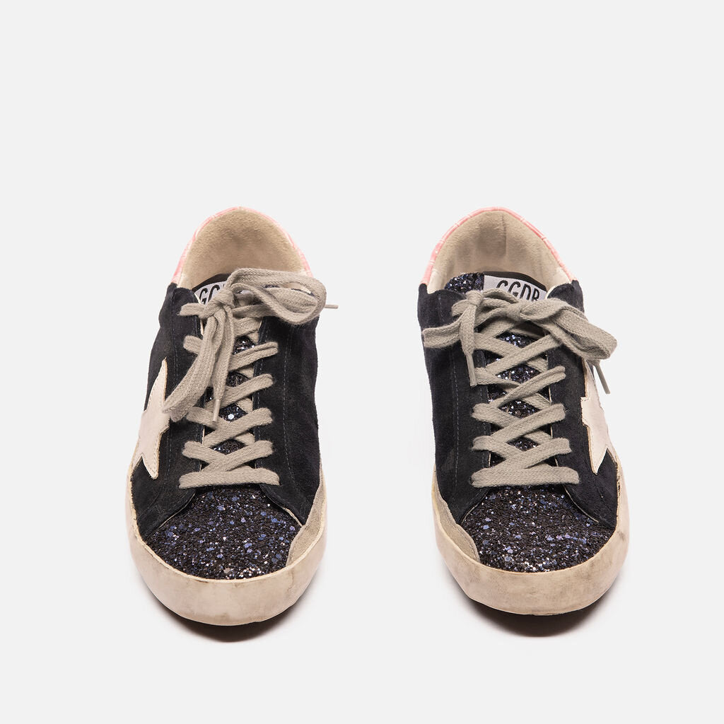 Golden Goose Navy Suede Glitter Toe Sneakers