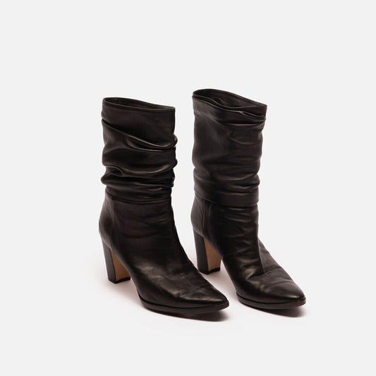Manolo Blahnik Black Leather Ruched Leather Boots