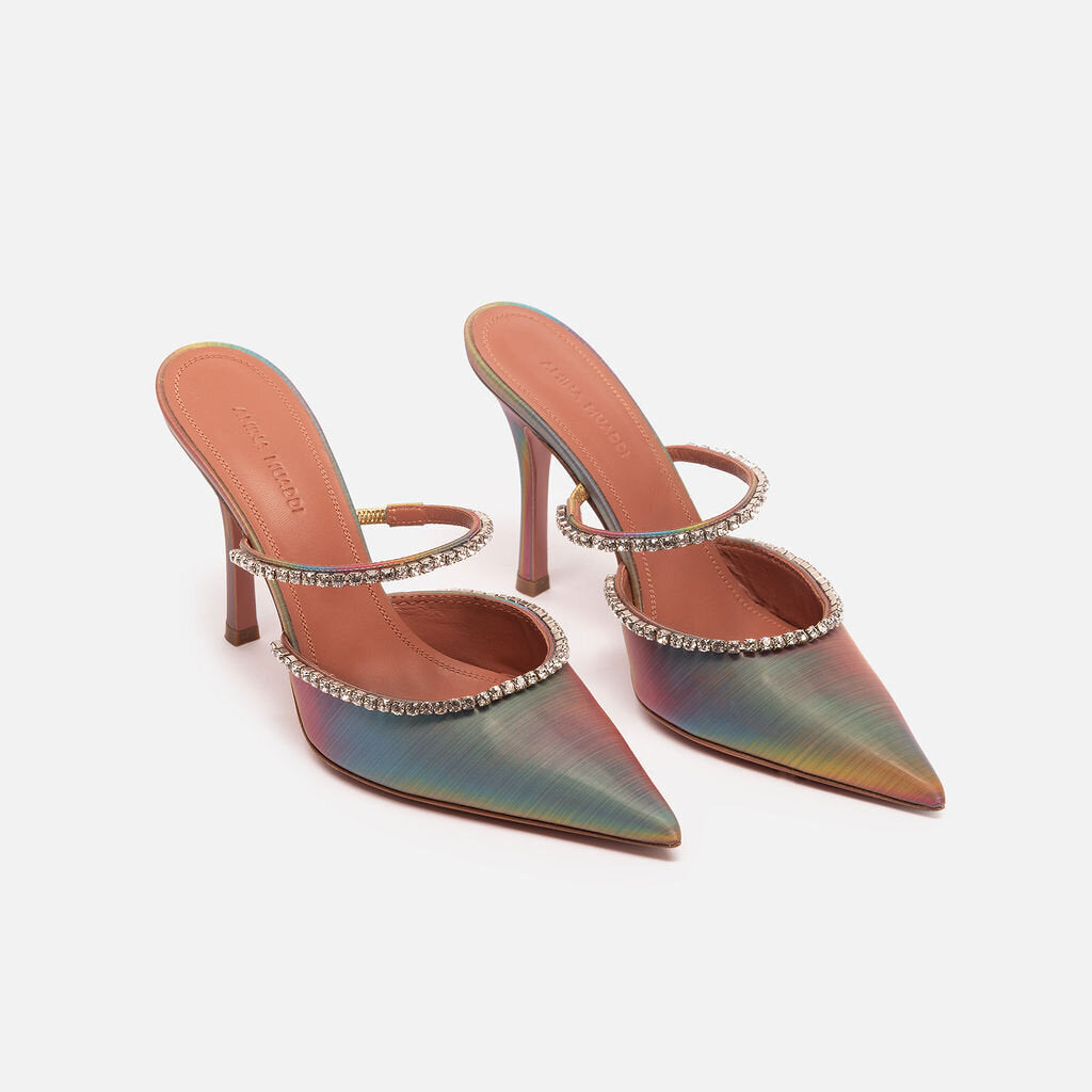 Amina Muaddi Holographic Crystal-Embellished Heeled Mules