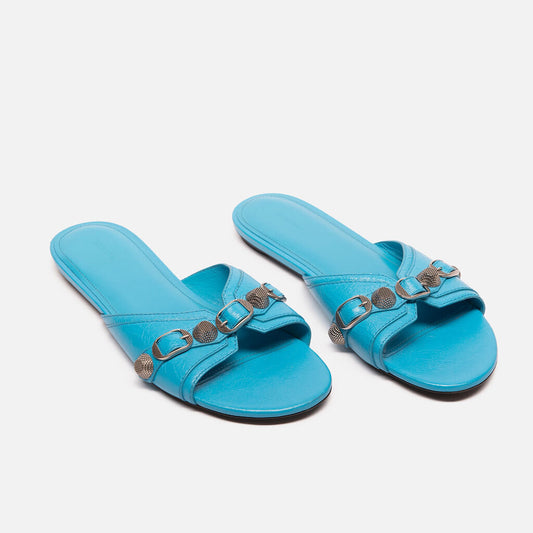 Balenciaga Blue Leather Cagole Studded Slides