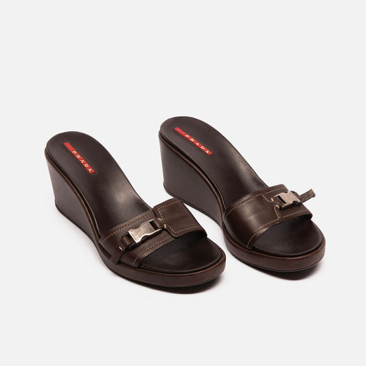 Prada Brown Leather Platform Slide