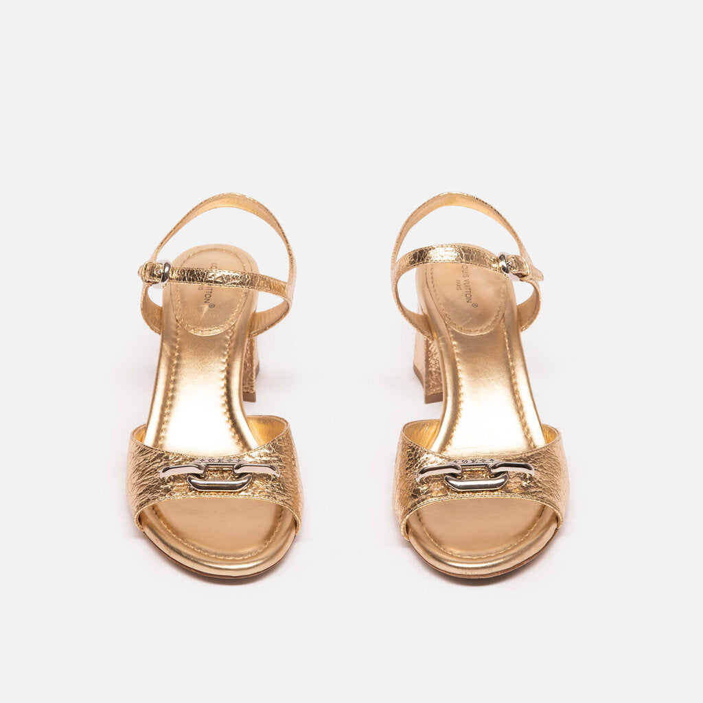 Louis Vuitton Gold Metallic Block Heel Sandal