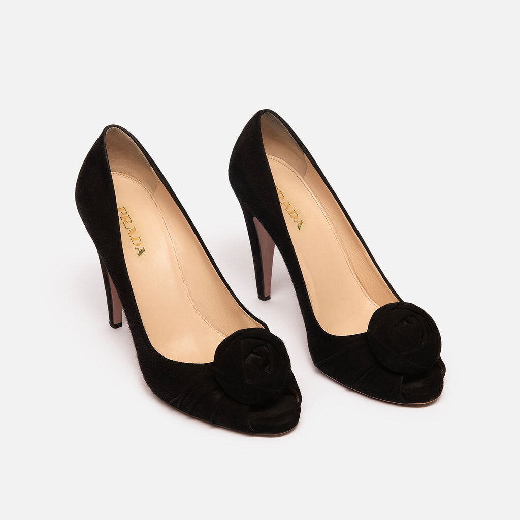 Prada Black Suede Rose Detailed Heel