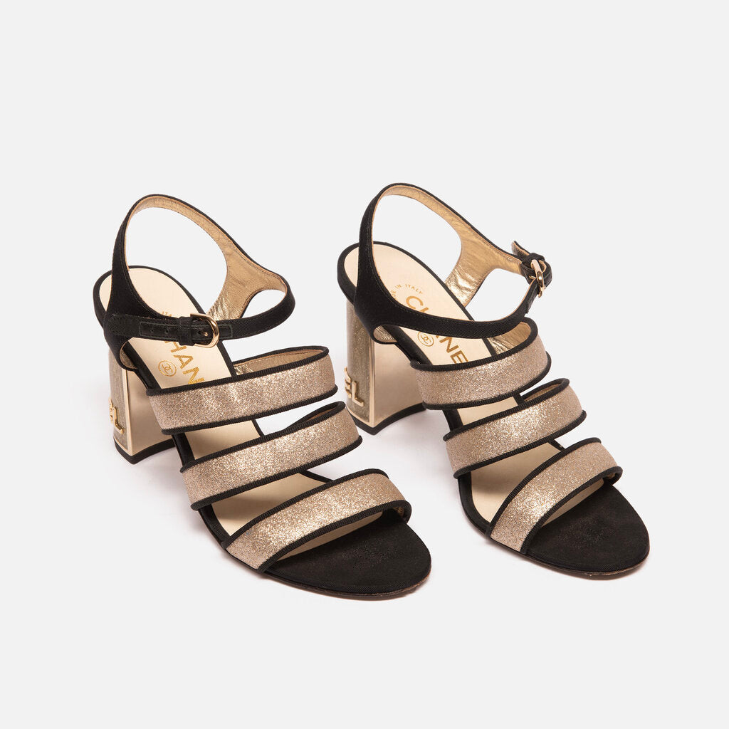 Chanel 2018 Black Grossgrain Metallic Heel Sandal, 38