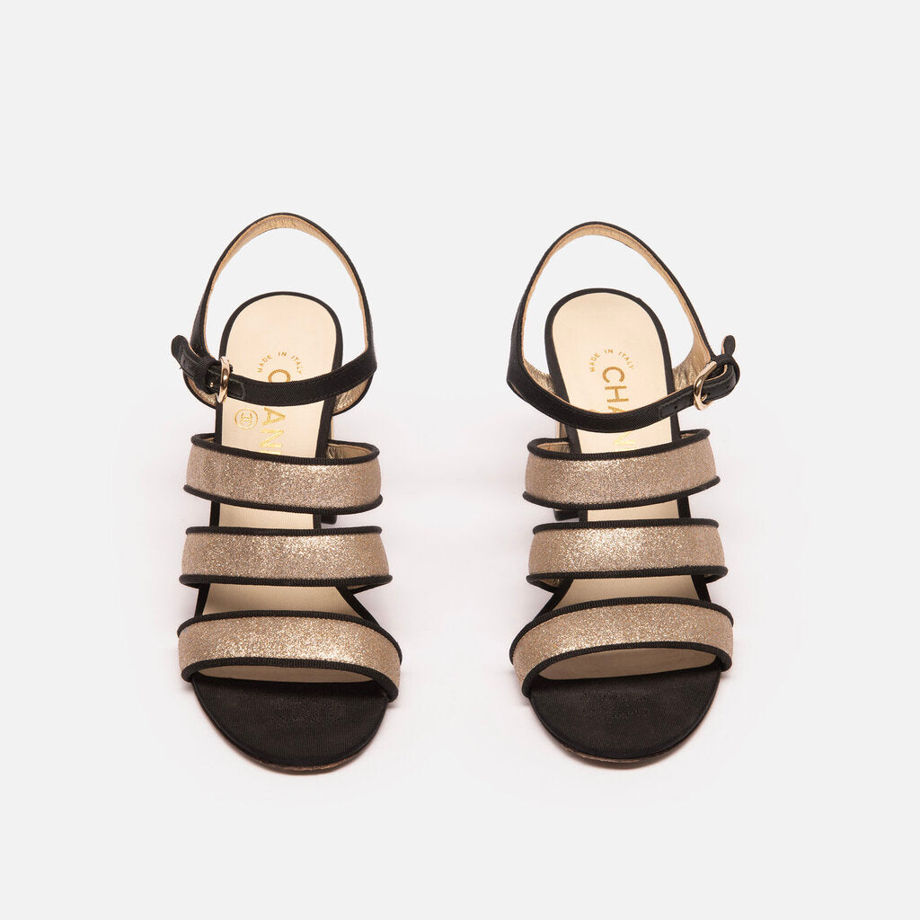 Chanel 2018 Black Grossgrain Metallic Heel Sandal, 38