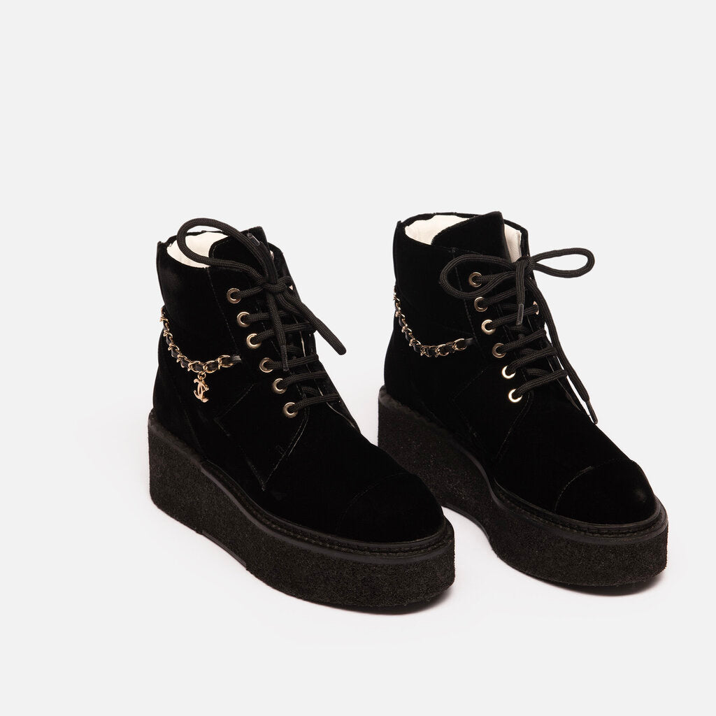 Chanel Black Velvet Platform Combat Boots