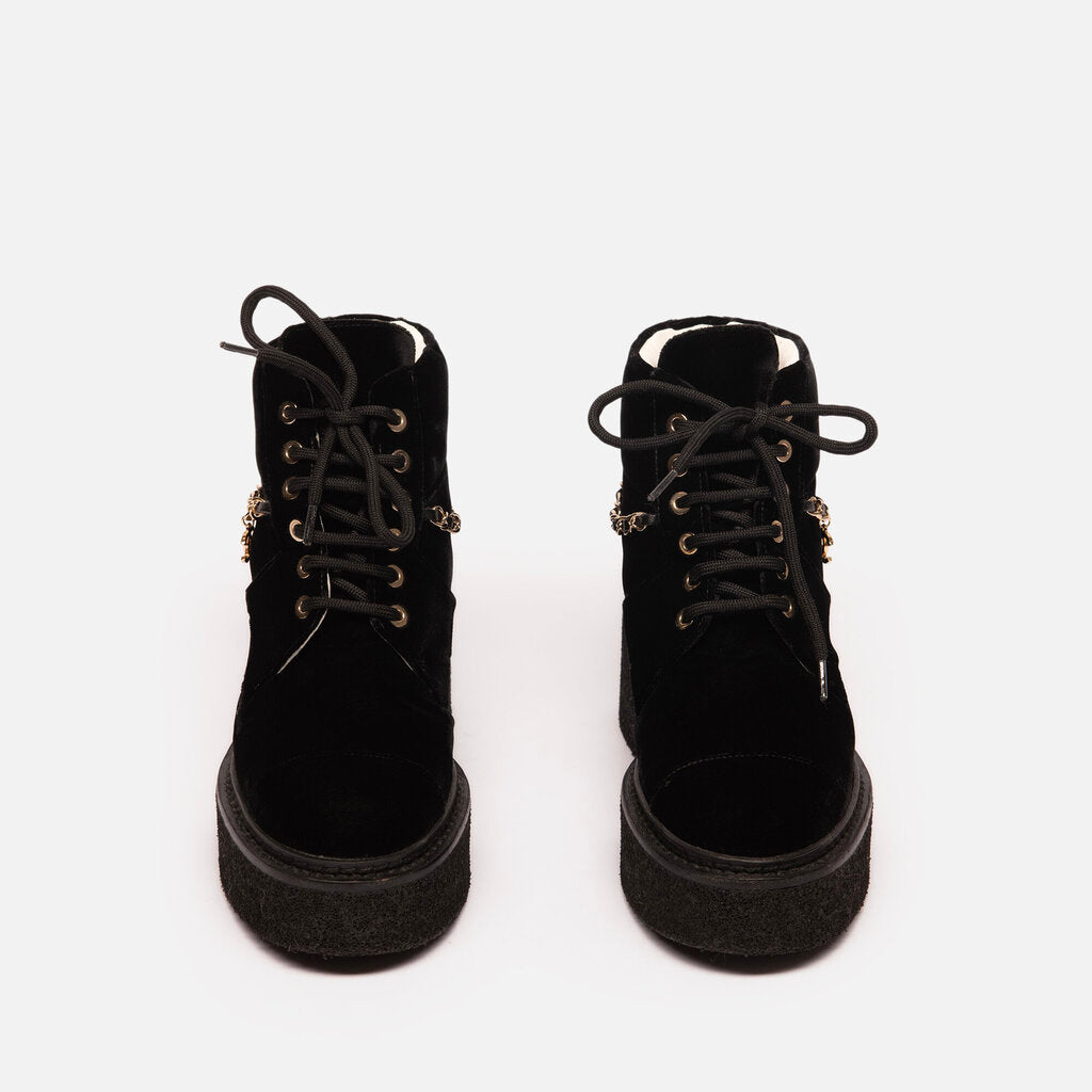 Chanel Black Velvet Platform Combat Boots