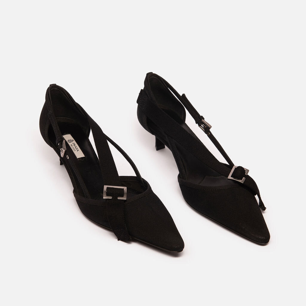Prada Black Canvas Belted Slingbacks