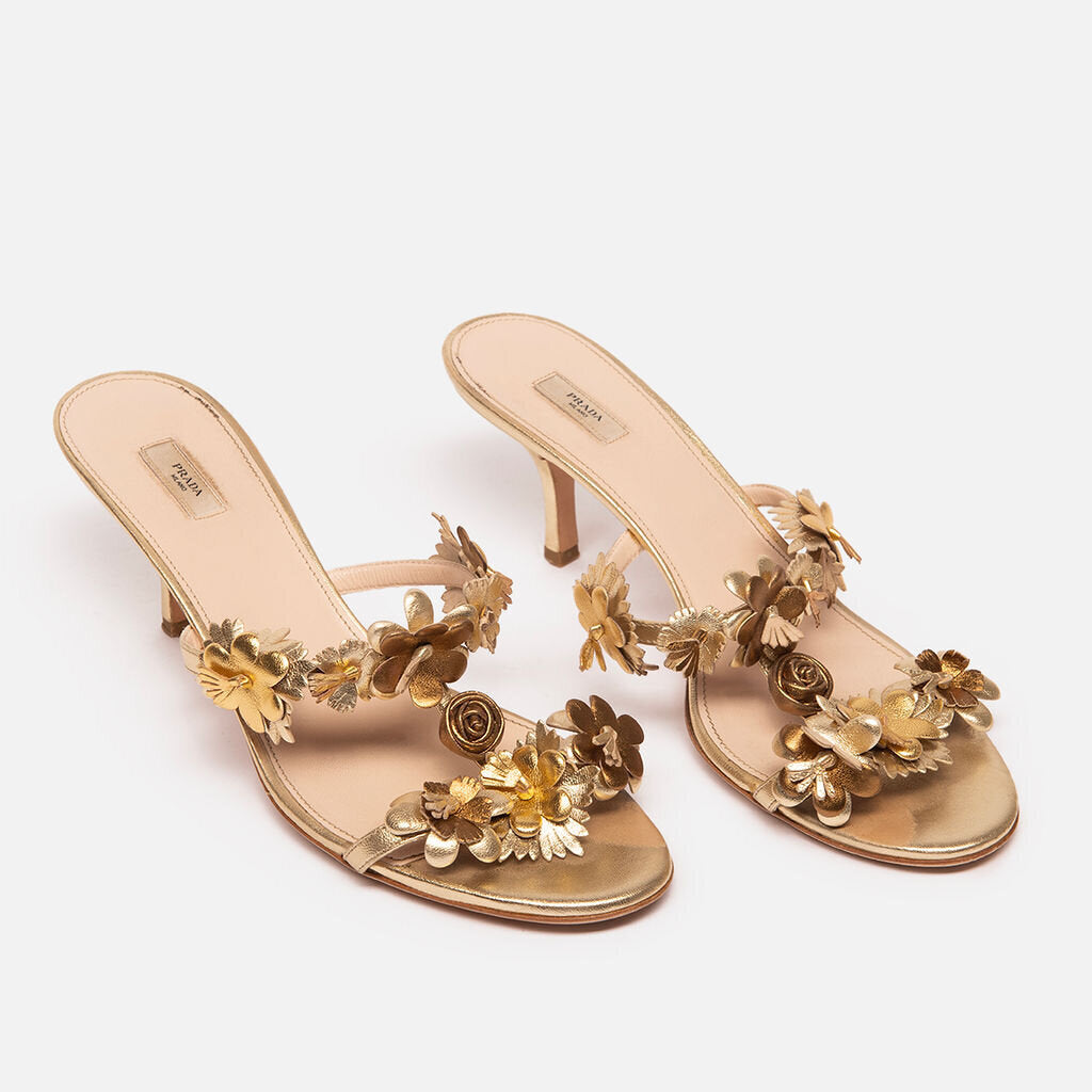 Prada Gold Floral Appllique Sandals