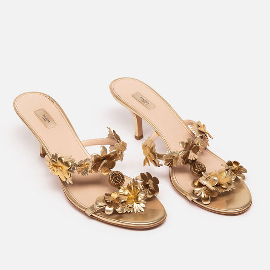 Prada Gold Floral Appllique Sandals