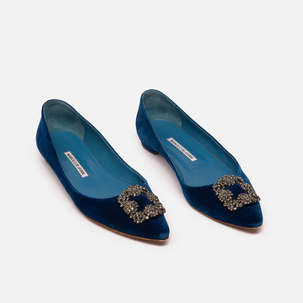 Manolo Blahnik Blue Suede Crystal Flats