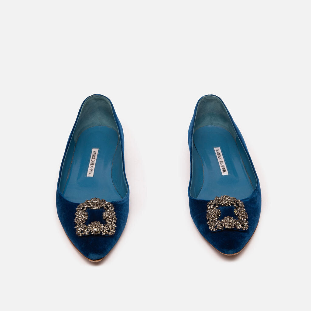 Manolo Blahnik Blue Suede Crystal Flats