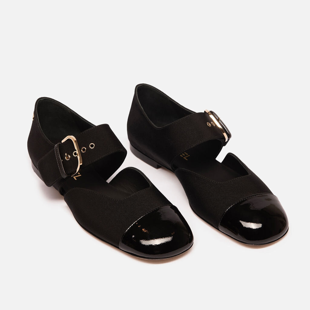 Chanel Black Leather Patent Toe Ballet Flat