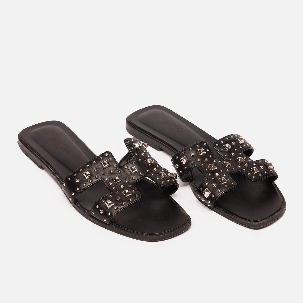 Hermes Black Leather Studded Oran Sandals