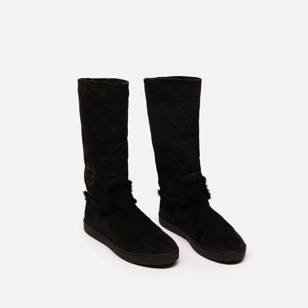 Chanel Black Suede Shearling Lined Boots