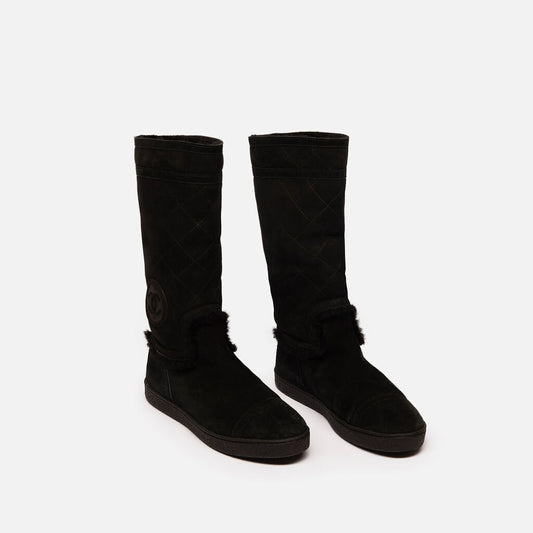 Chanel Black Suede Shearling Lined Boots