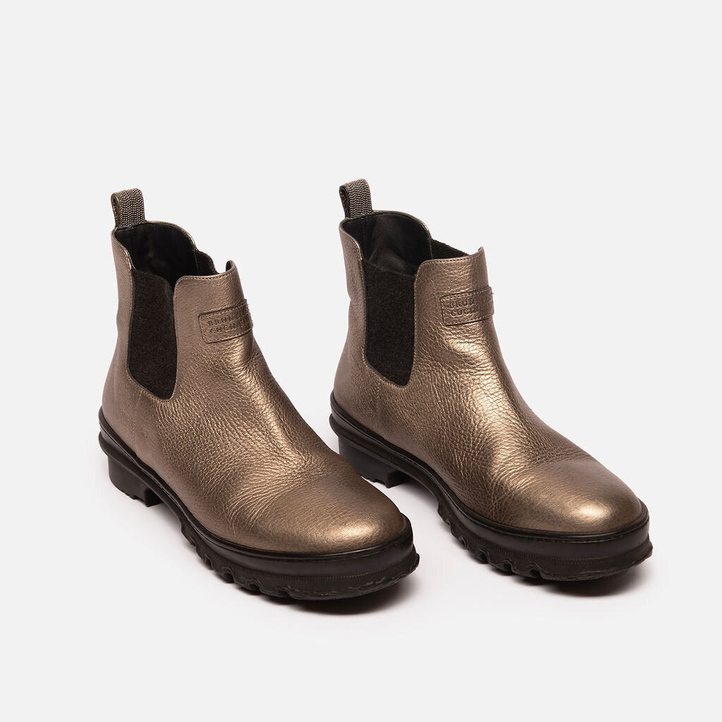 Brunello Cucinelli Bronze Metallic Leather Beaded Ankle Boot