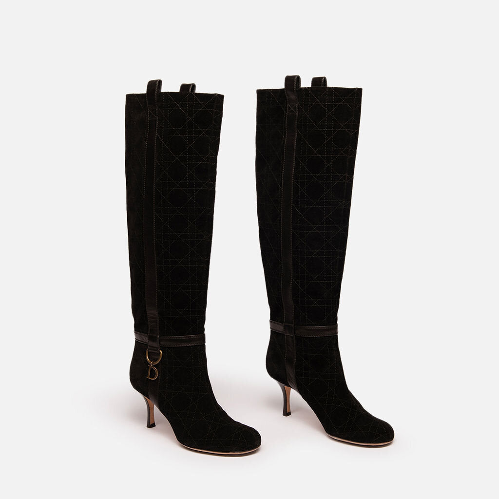 Christian Dior Black Suede Cannage-Pattern Knee High Boots