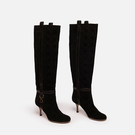 Christian Dior Black Suede Cannage-Pattern Knee High Boots