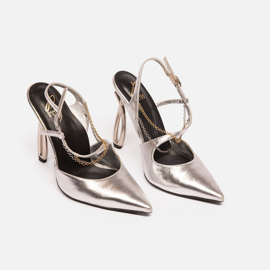 Daniela Uribe Grey Metallic Leather Pumps