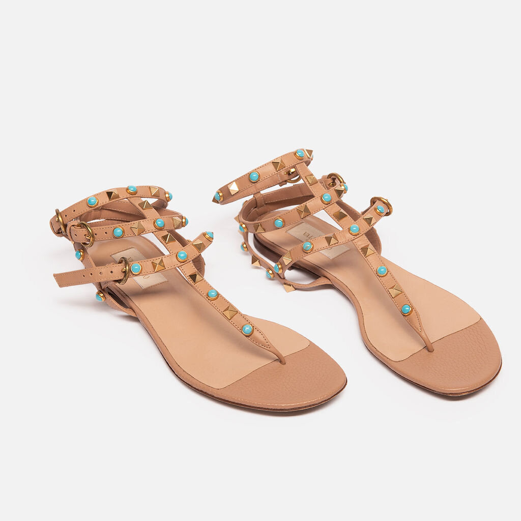 Valentino Beige Leather Rockstud Sandal