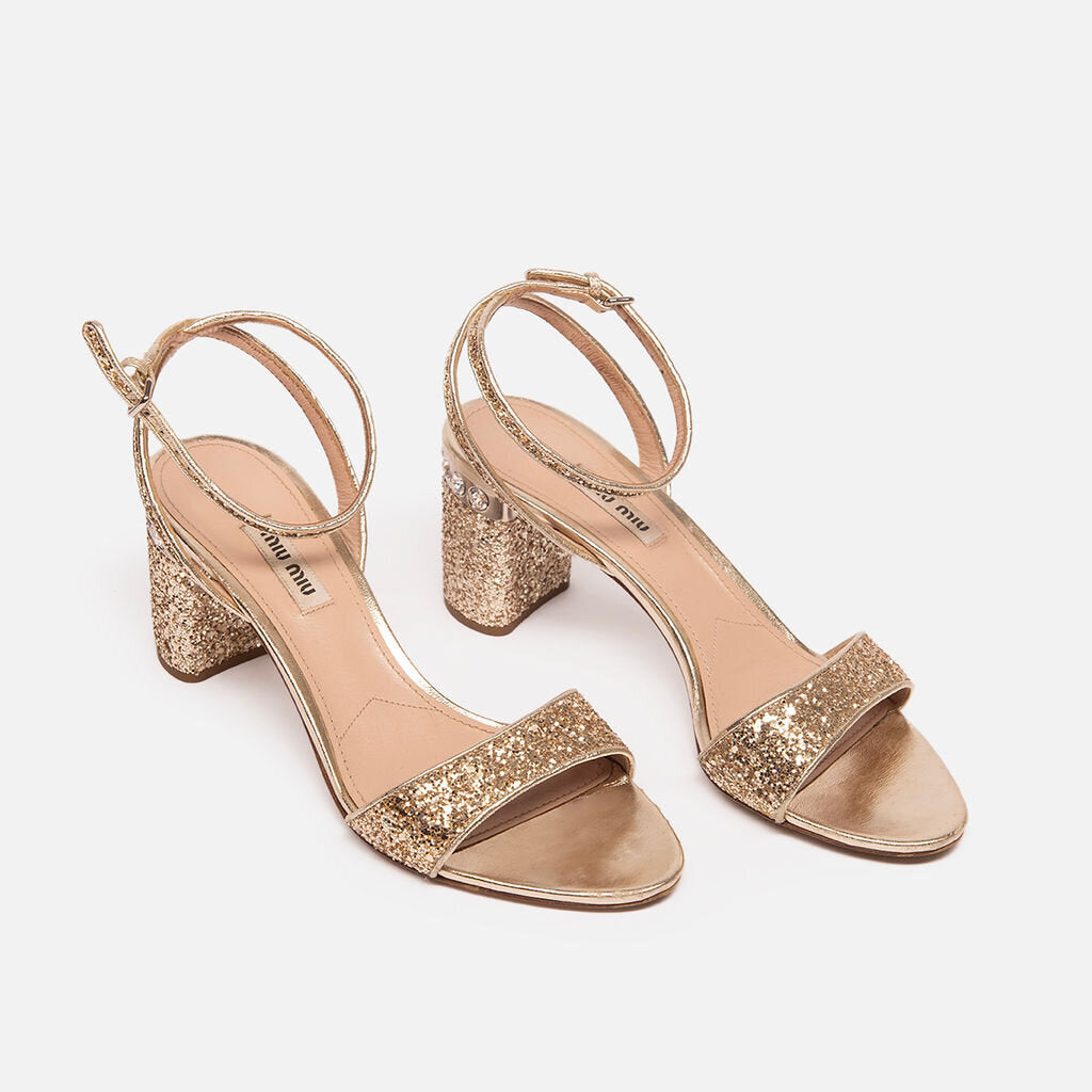 Miu Miu Gold Metallic Leather Crystal Strap Slingback