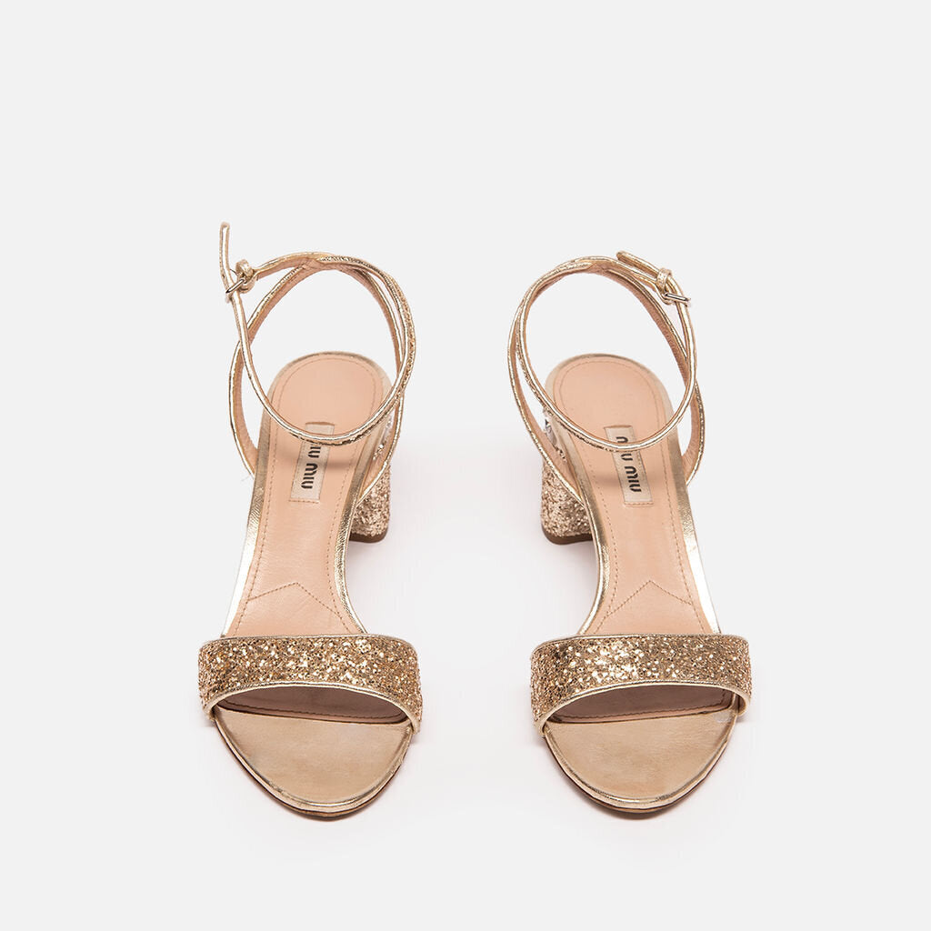 Miu Miu Gold Metallic Leather Crystal Strap Slingback
