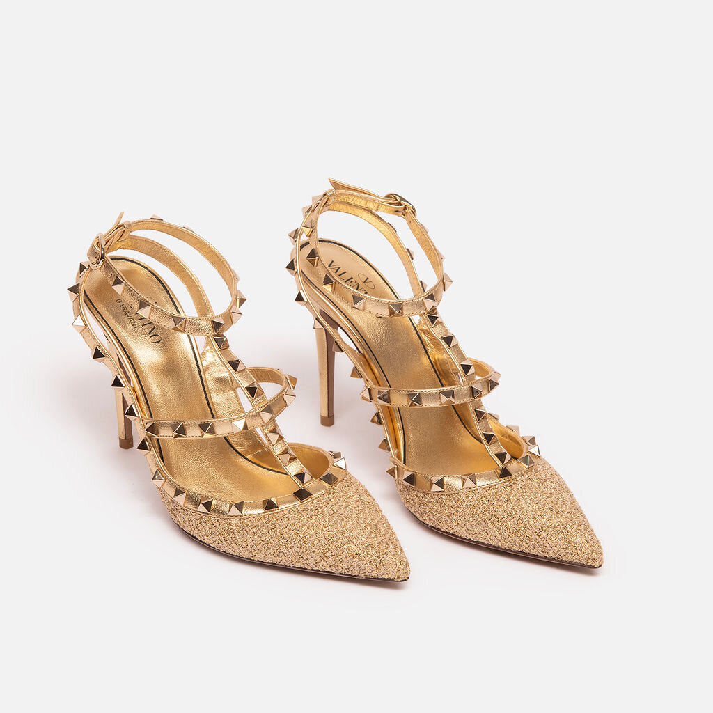 Valentino Gold Tweed Garavani Rockstud Pump