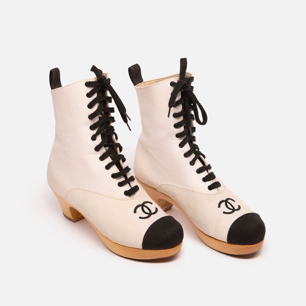 Chanel Runway Ivory & Black Wooden Heel Ankle Boots