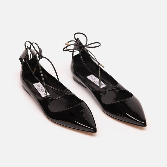 Jimmy Choo Black Patent Leather Lace Up Flat