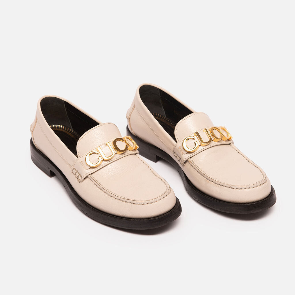 Gucci Cream Leather Logo Loafers