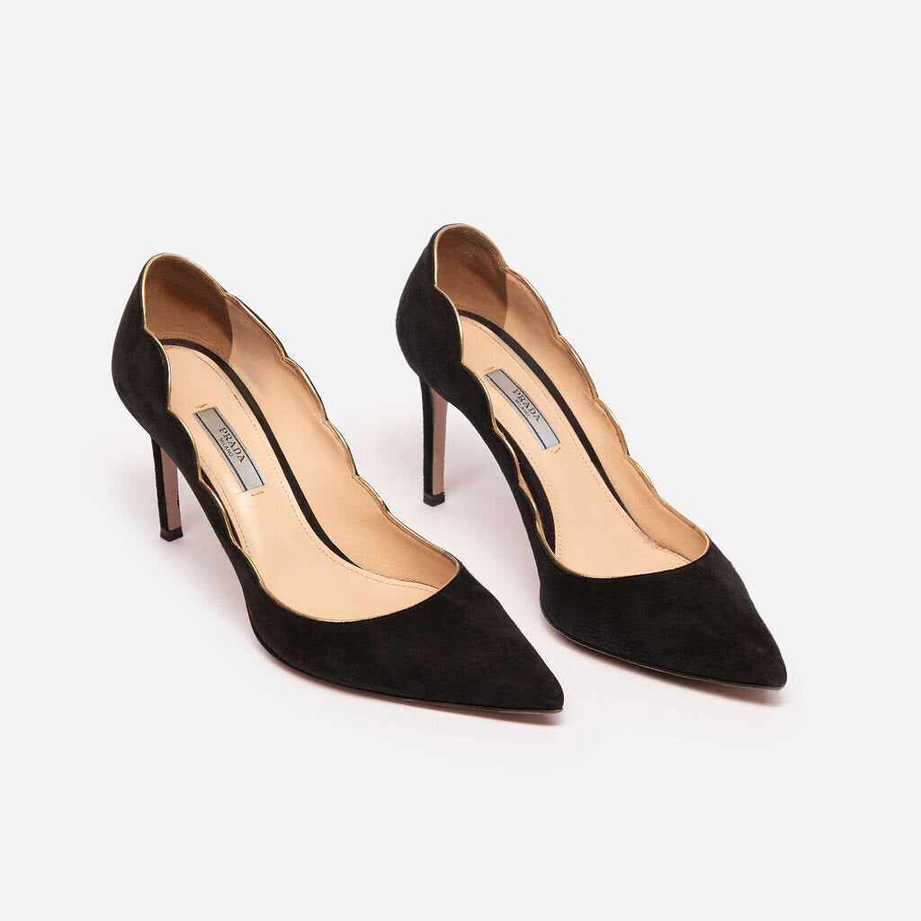 Prada Black Suede Gold Scallop Pumps