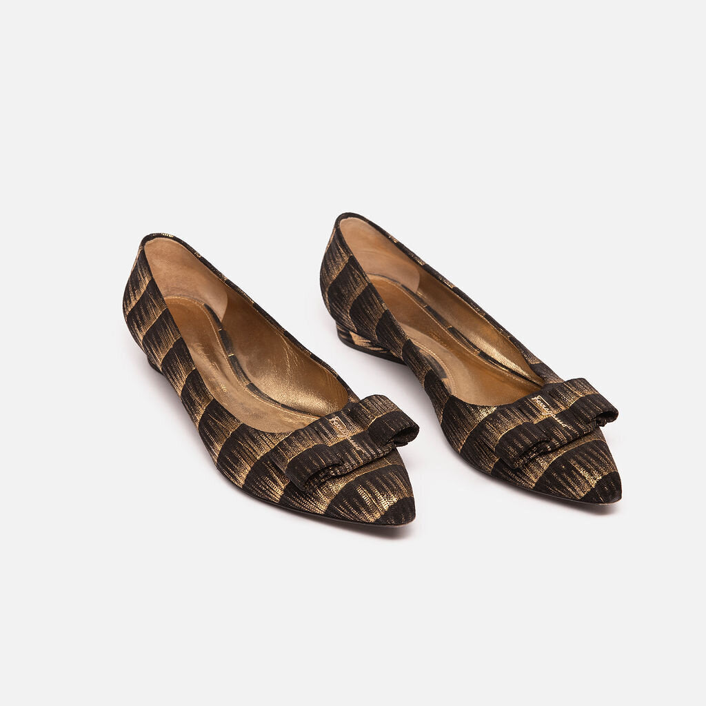 Ferragamo Gold & Black Pointed Toe Flat