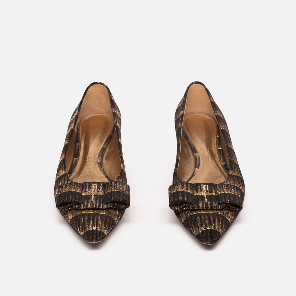 Ferragamo Gold & Black Pointed Toe Flat