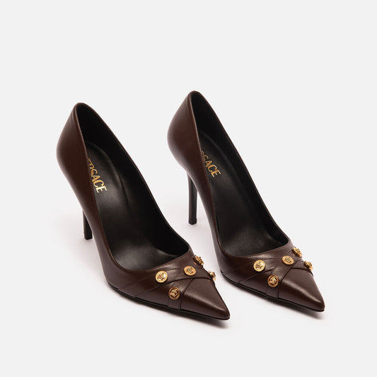 Versace Brown Leather Gold Stud Pump