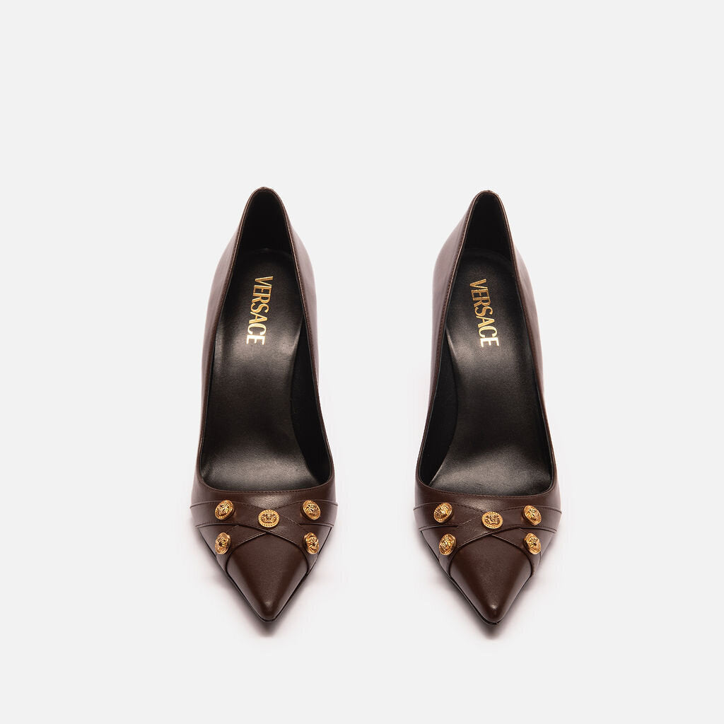 Versace Brown Leather Gold Stud Pump