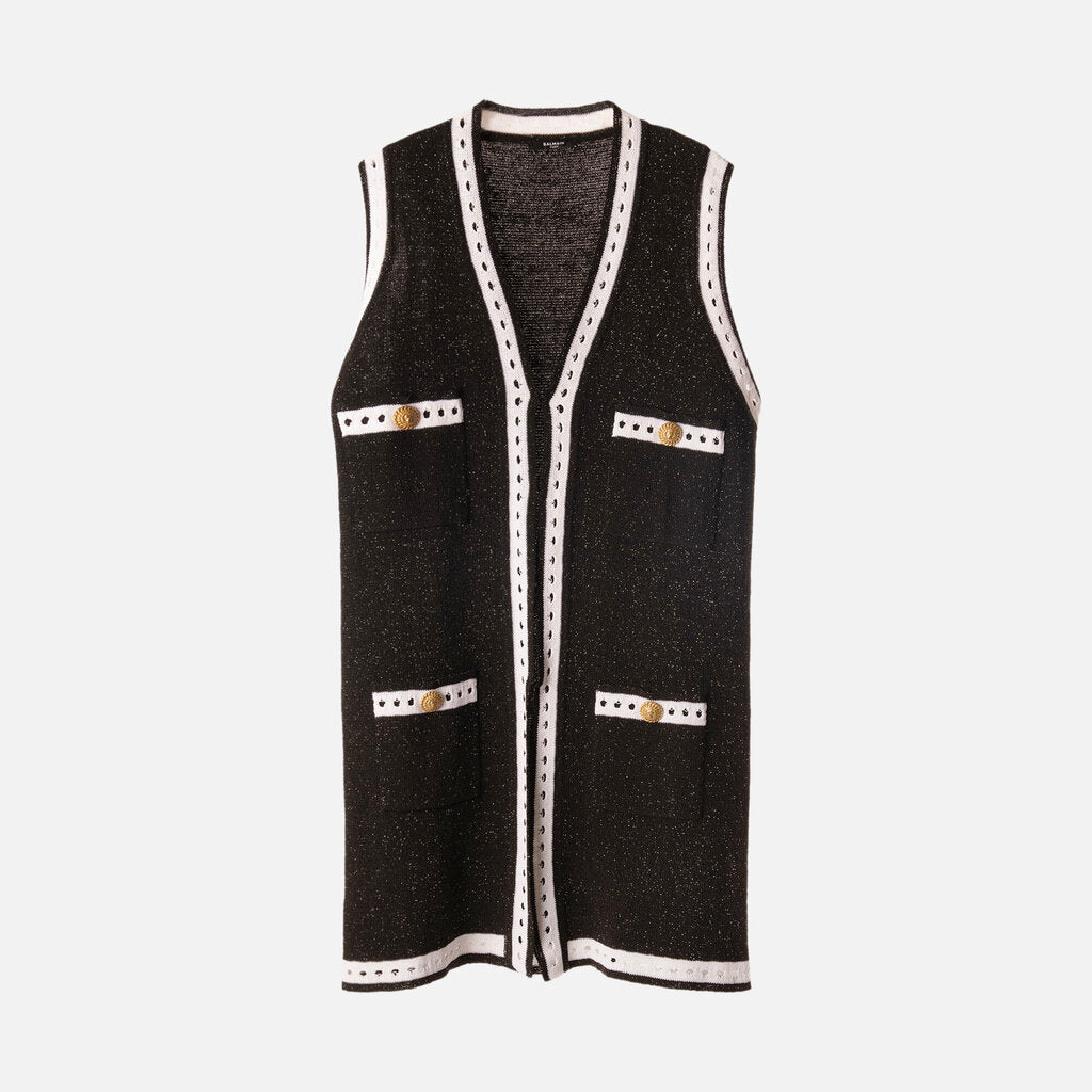 Balmain Black/White Metallic-Thread Wool Blend Vest