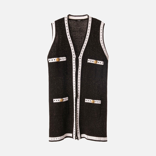 Balmain Black/White Metallic-Thread Wool Blend Vest